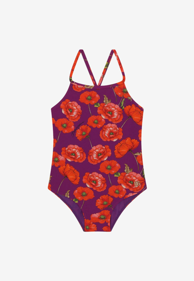 Shop Dolce & Gabbana Girls Poppy Print One-piece Swimsuit In Violet