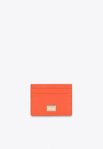 Dolce & Gabbana Dg Plaque Cardholder In Calfskin In Orange