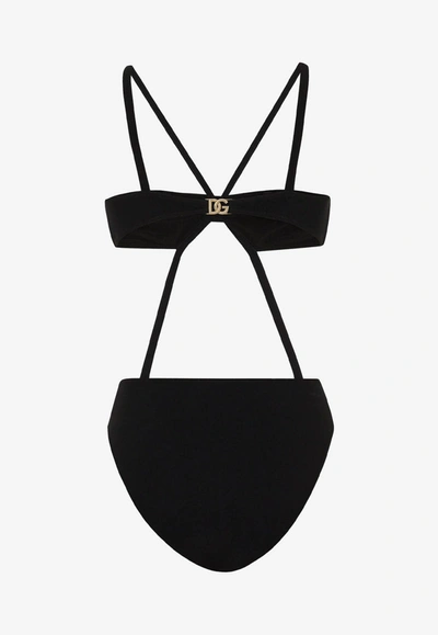 Shop Dolce & Gabbana Dg Logo Strappy One-piece Swimsuit In Black