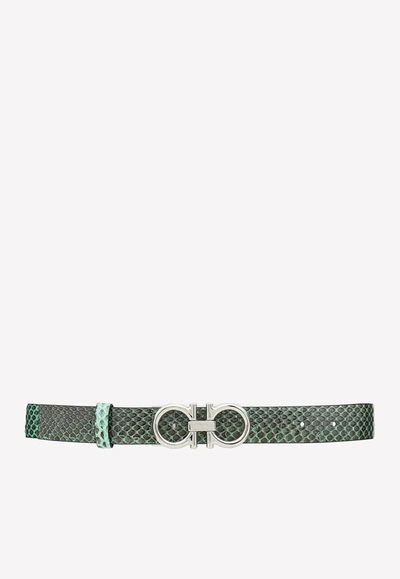Ferragamo Double Gancini Buckle Belt In Calf Leather In Green