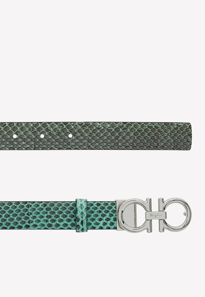 Ferragamo Double Gancini Buckle Belt In Calf Leather In Green