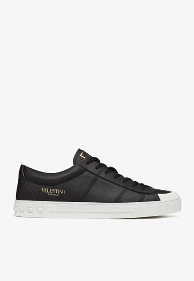 Shop Valentino Cityplanet Calfskin Sneakers In Black
