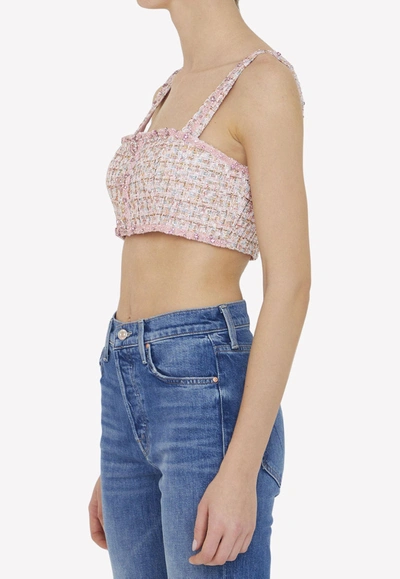 Shop Self-portrait Bouclé Strapless Cropped Top In Pink
