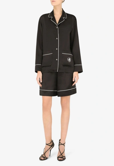 Dolce & Gabbana Satin Pajama Shirt With Dg Embroidery In Black