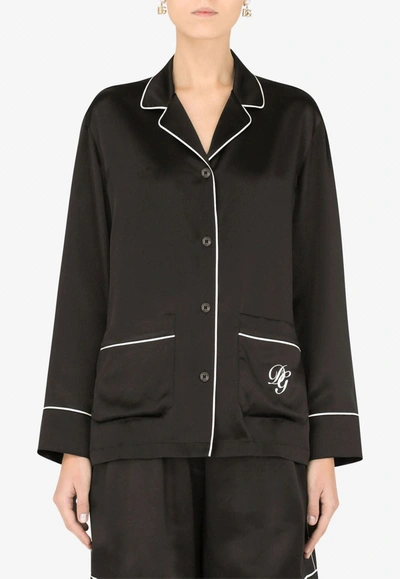 Dolce & Gabbana Satin Pajama Shirt With Dg Embroidery In Black