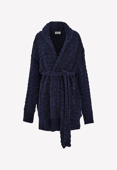 Ferragamo Chunky Knit Wraparound Cardigan In Navy