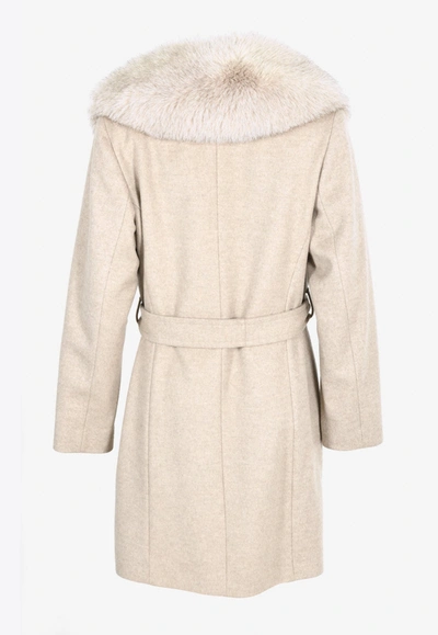 Sofia Cashmere By Dale Dressin Fox Fur Trimmed Belted Wool Coat In Beige
