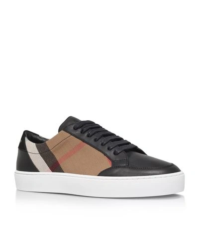 Shop Burberry Salmond House Check And Leather Sneakers