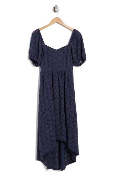 Shop Nsr Evelyn Puff Sleeve Lace High-low Dress In Navy
