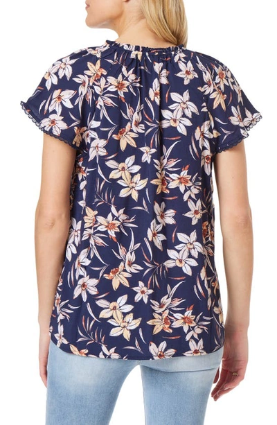 Shop C&c California Aileen Floral Short Sleeve Blouse In Mood Indigo