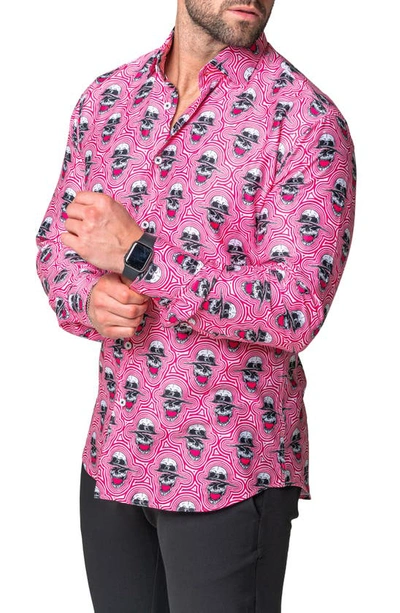 Maceoo Fibonacci Skull Sonic Regular Fit Cotton Blend Button-up Shirt In Red