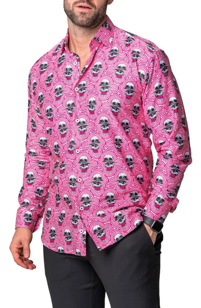Maceoo Fibonacci Skull Sonic Regular Fit Cotton Blend Button-up Shirt In Red