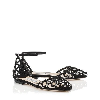 Shop Jimmy Choo Davinia Flat Black Suede Pointy Toe Shoe Sandals With Crystal Studs