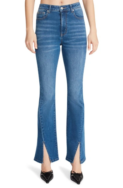 Steve Madden Elia Front Slit High Rise Flare Jeans In Medium Blue In Medium Blue