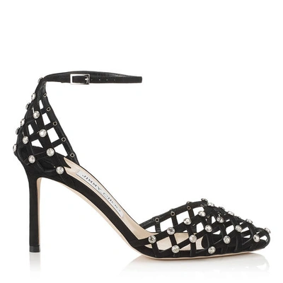 Jimmy Choo Davinia 85 Black Suede Pointy Toe Shoe Sandals With Crystal Studs