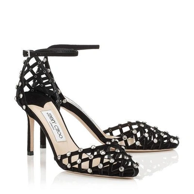 Shop Jimmy Choo Davinia 85 Black Suede Pointy Toe Shoe Sandals With Crystal Studs
