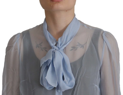 Shop Dolce & Gabbana Light Blue Silk Ascot Collar Long Sleeves Women's Top