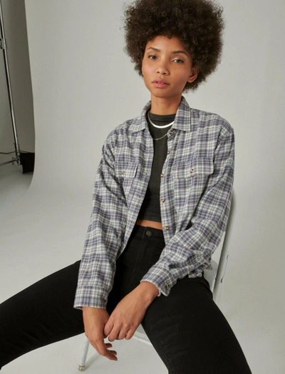 Shop Lucky Brand Women's Raw Edge Plaid Cropped Buttondown Shirt In Black