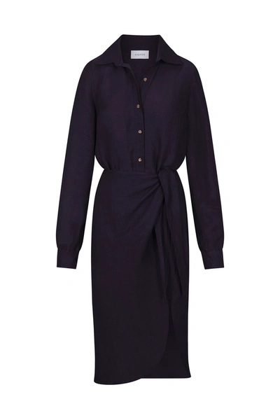 Shop Anemos L.a. Button Down Asymmetric Wrap Midi Dress In Cupro Linen Blend In Navy