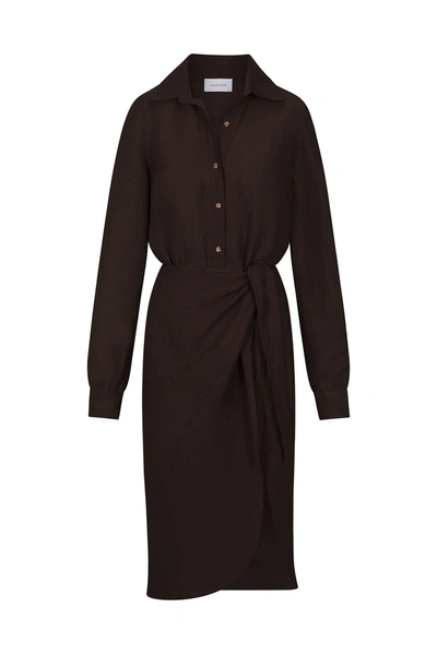 Shop Anemos L.a. Button Down Asymmetric Wrap Midi Dress In Cupro Linen Blend In Espresso