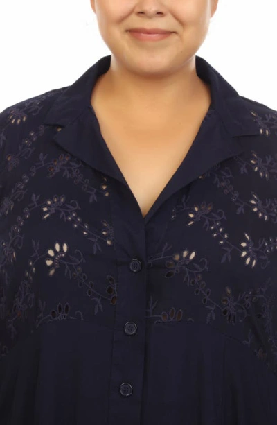 Shop Boho Me Embroidered Eyelet Button-up Tunic Top In Navy