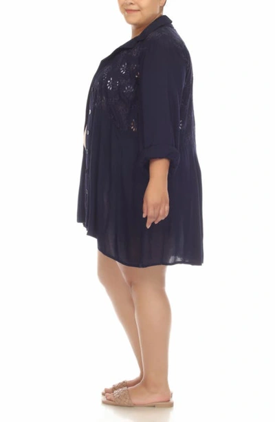 Shop Boho Me Embroidered Eyelet Button-up Tunic Top In Navy