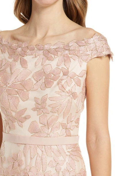 Shop Tadashi Shoji Embroidered Off The Shoulder Midi Dress In Antique Pink
