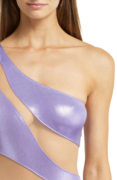 Shop Norma Kamali Snake Mesh One-shoulder One-piece Swimsuit In Lilac