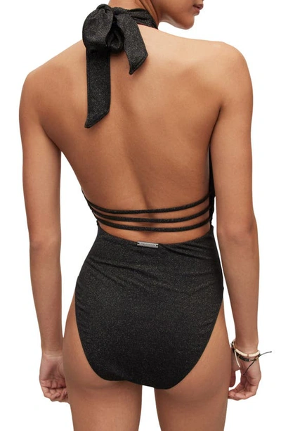 Shop Allsaints Eleanor Shimmer Crossover Halter Neck One-piece Swimsuit In Black Gold