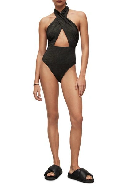 Shop Allsaints Eleanor Shimmer Crossover Halter Neck One-piece Swimsuit In Black Gold