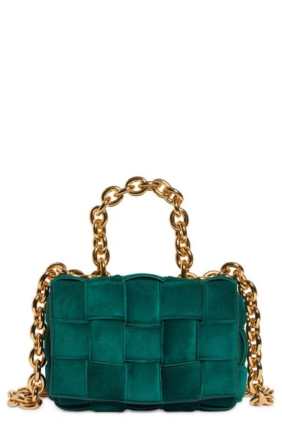 Shop Bottega Veneta Chain Cassette Suede Crossbody Bag In Emerald Green-gold