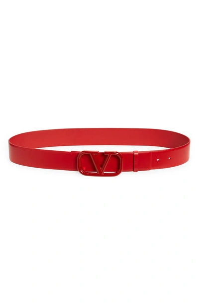 Shop Valentino Vlogo Buckle Signature Leather Belt In Ju5 Rouge Pur