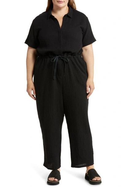 Shop Eileen Fisher Classic Collar Organic Cotton Ankle Jumpsuit In Black