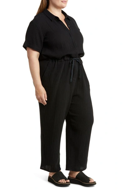 Shop Eileen Fisher Classic Collar Organic Cotton Ankle Jumpsuit In Black