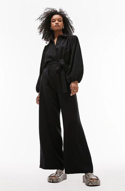 Topshop Wide Leg Long Sleeve Jumpsuit In Black | ModeSens
