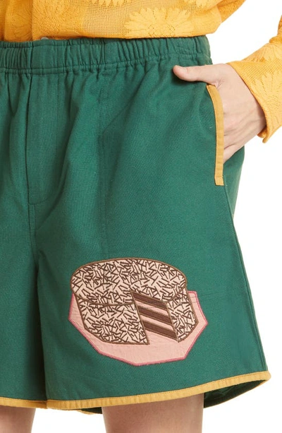 Shop Bode Dessert Appliqué Linen & Cotton Shorts In Green Multi