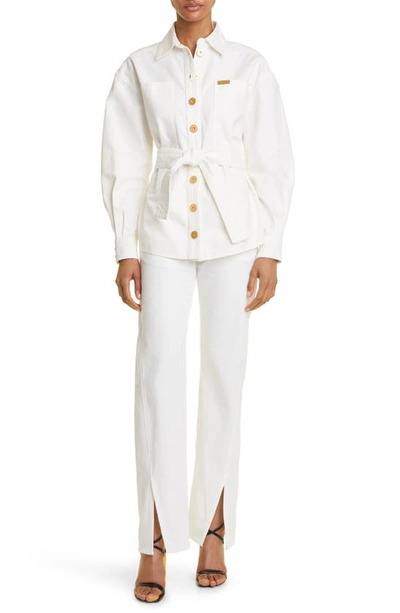 Shop Balmain Belted Cotton Denim Shirt Jacket In White