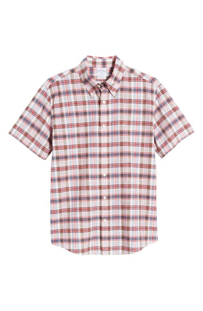 Shop Brooks Brothers Madras Short Sleeve Plaid Button-down Shirt In Madraswhtmulti