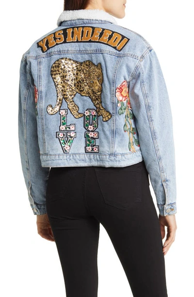 Shop Azalea Wang Sequin Appliqué Denim Jacket In Blue Multi