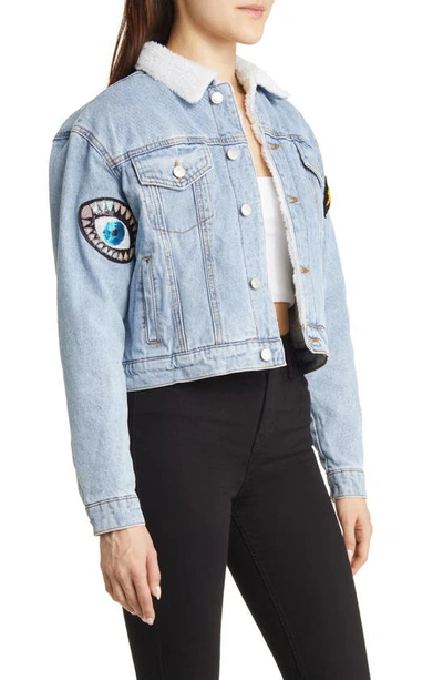 Shop Azalea Wang Sequin Appliqué Denim Jacket In Blue Multi