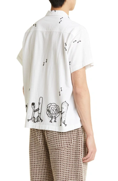 Shop Bode Dancing Pantry Embroidered Short Sleeve Cotton Button-up Shirt In White Black