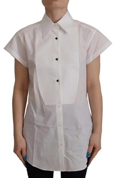 Shop Dolce & Gabbana White Short Sleeve Tuxedo Formal Blouse Women's Shirt