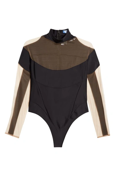 Shop Mugler Mock Neck Long Sleeve Jersey & Illusion Mesh Bodysuit In Black/ Brown/ Beige 01
