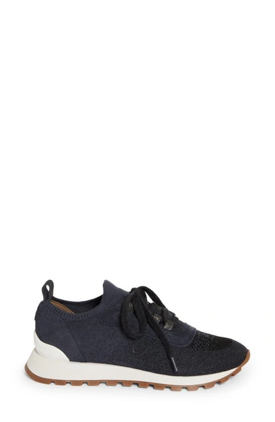 Shop Brunello Cucinelli Monili Knit Lace-up Sneaker In C8901 Night Sky