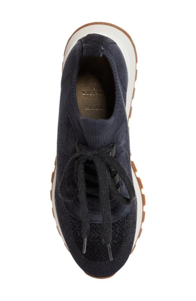 Shop Brunello Cucinelli Monili Knit Lace-up Sneaker In C8901 Night Sky