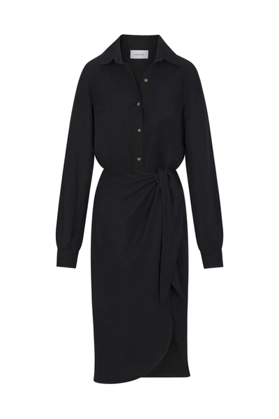 Shop Anemos L.a. Button Down Asymmetric Wrap Midi Dress In Cupro Linen Blend In Black