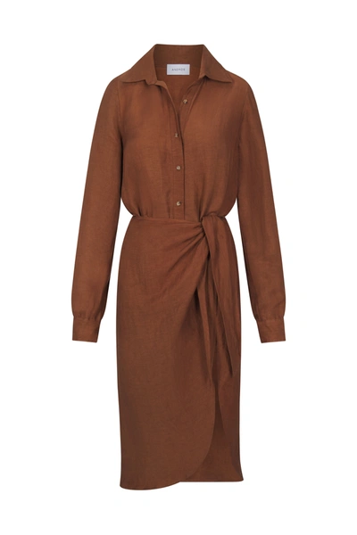 Shop Anemos L.a. Button Down Asymmetric Wrap Midi Dress In Cupro Linen Blend In Tawny