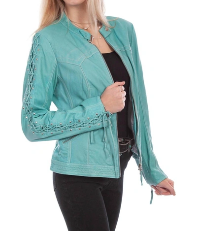 Shop Scully Leather Laced Sleeve Jacket In Turquoise In Blue