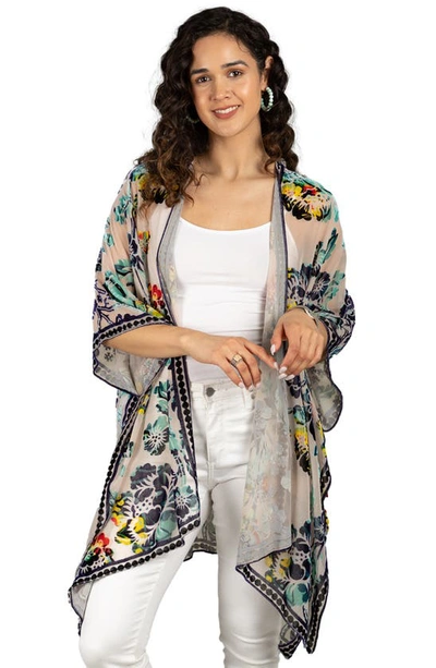 Saachi Velvet Floral Ruana In Beige Multi