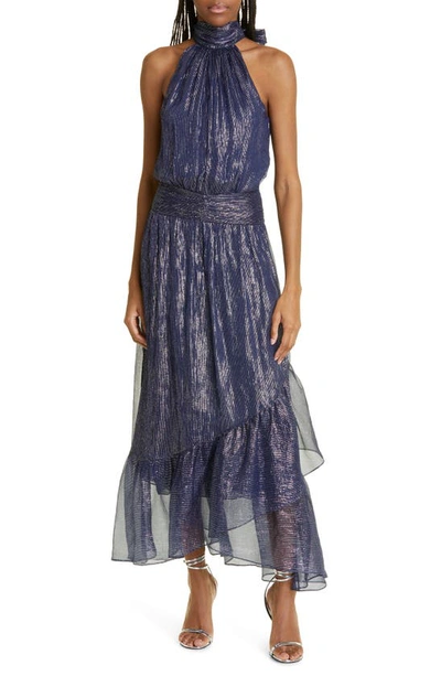 Shop Ramy Brook Bridgid Metallic Silk Blend Gown In Spring Navy Subtle Silk